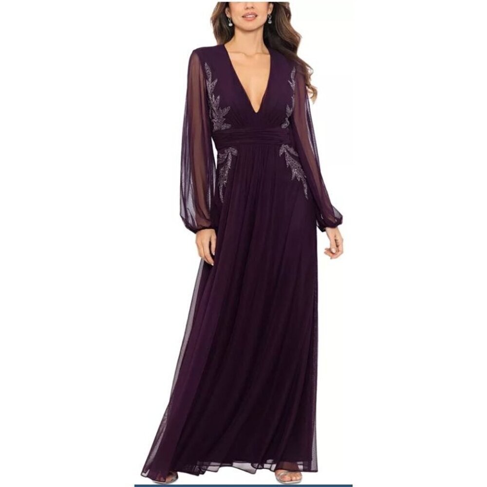Betsy & Adam Beaded Long Sleeve Mesh Jersey Formal Gown Plum Maxi Dress Sz 6P NW